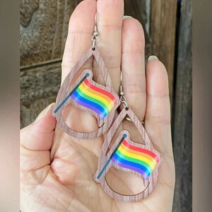 Handmade Wood Wooden Rainbow Flag LGBTQ Pride Teardrop Earrings NEW